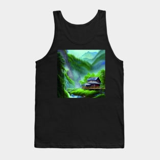 Digital Painting of a Beautiful Blue cottage Tree house near River and Greenery Mountains Tank Top